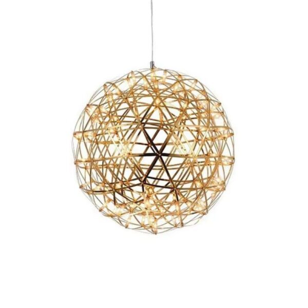 Lustre boule dorée en acier inoxydable sur fond blanc